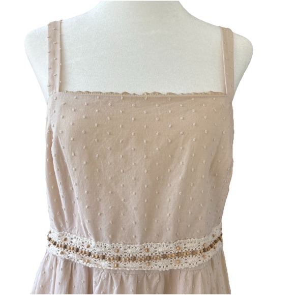 Coquette‎ Midi Sun Dress Women's 14 Embroidered Cotton Beaded Waist Neutral Boho - Picture 4 of 12